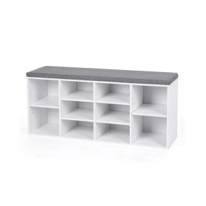 Skobænk med opbevaring VASAGLE, 10 rum, pude, hvid, 104 × 30 × 48 cm
