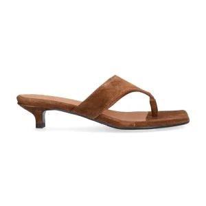 Mule kitten hæl – Tabac babysilk suede 555